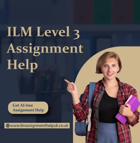 Smiling student with short hair holding folders and a backpack, pointing beside text ILM Level 3 Assignment Help