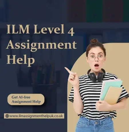 Surprised student wearing glasses and headphones around her neck, holding notebooks and pointing beside text reading ILM Level 4 Assignment Help with a small badge that says Get AI-free Assignment Help