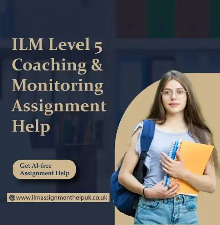 Young female student holding notebooks and a backpack, standing beside text reading ILM Level 5 Coaching & Monitoring Assignment Help
