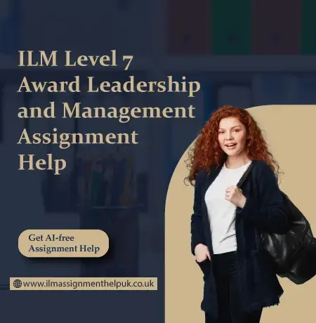 Smiling young woman with curly red hair carrying a backpack, standing next to text that reads ILM Level 7 Award Leadership and Management Assignment Help and a badge Get AI-free Assignment Help