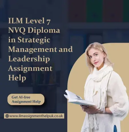 Blonde woman in a white sweater and scarf holding an open notebook, standing beside text that reads ILM Level 7 NVQ Diploma Assignment Help with a badge Get AI-free Assignment Help